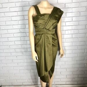 Escada Olive Green One Shoulder Grecian Pleated Cocktail Dress Elegant NWT 40